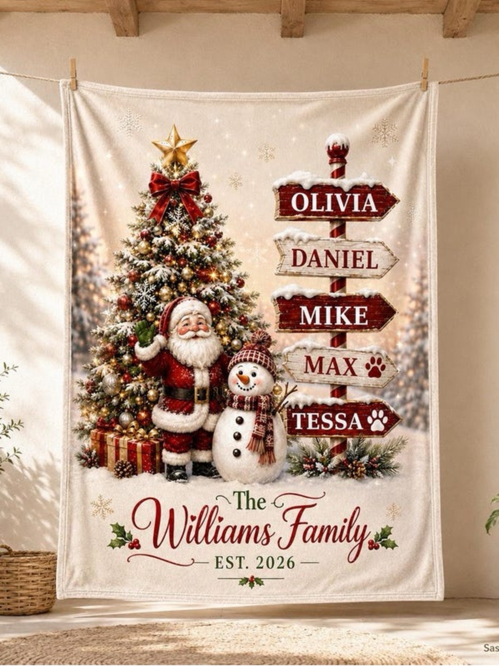 Personalized Williams Family Holiday Tapestry - Cream and Red